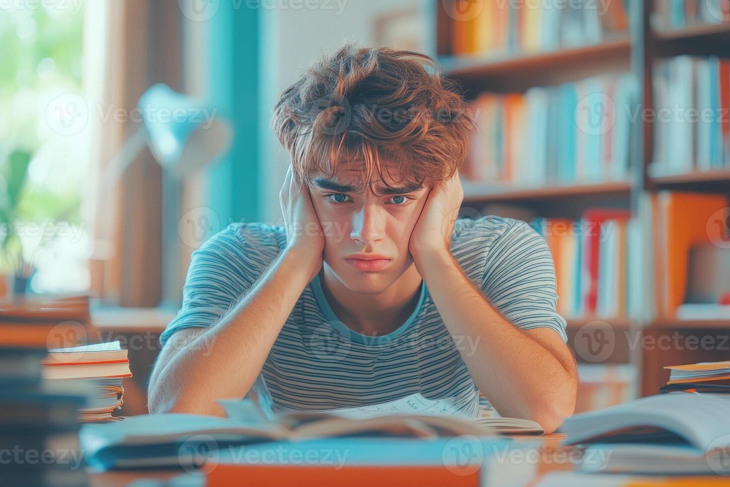 A Frustrated Young Man Studying with Books in a Library photo