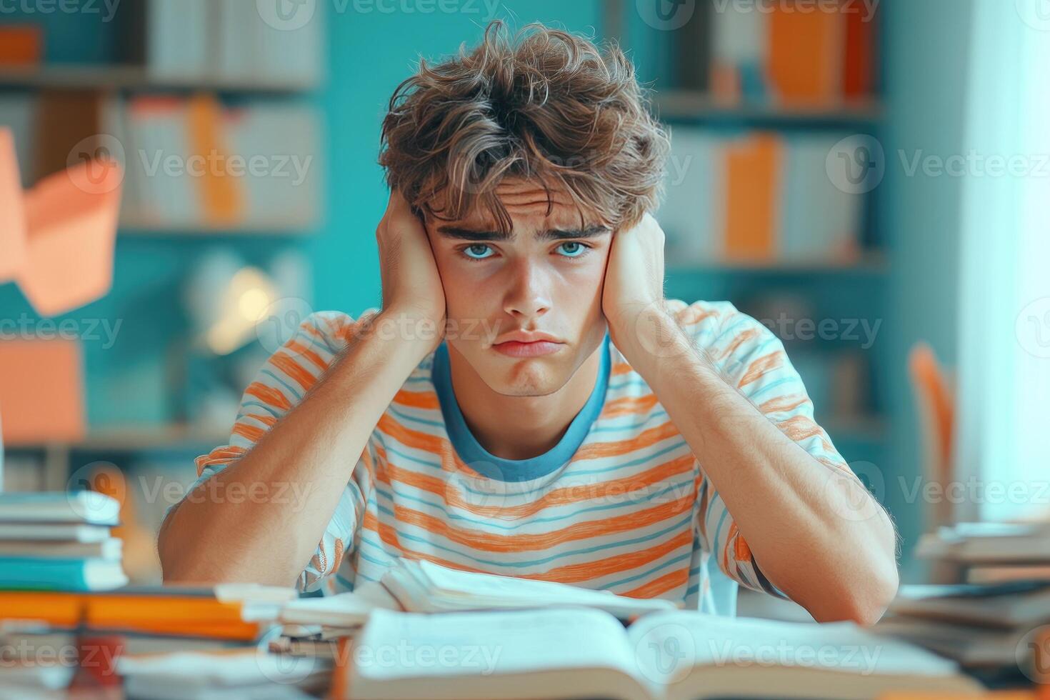 Frustrated Young Man Studying with Books in a Library photo