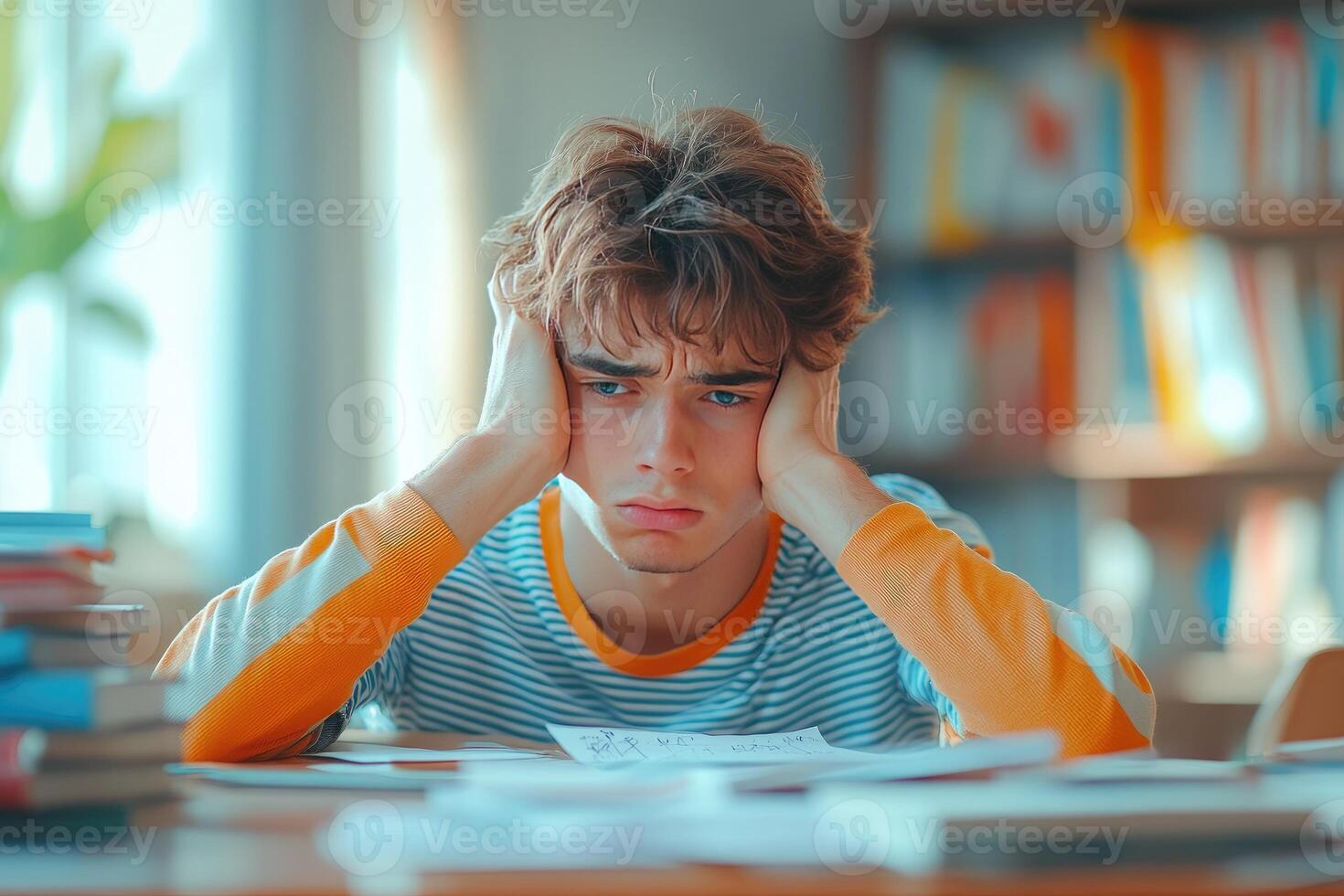 A Young Man Feeling Overwhelmed by His Studies, Sitting at a Desk with Papers and Books Scattered Around Him photo