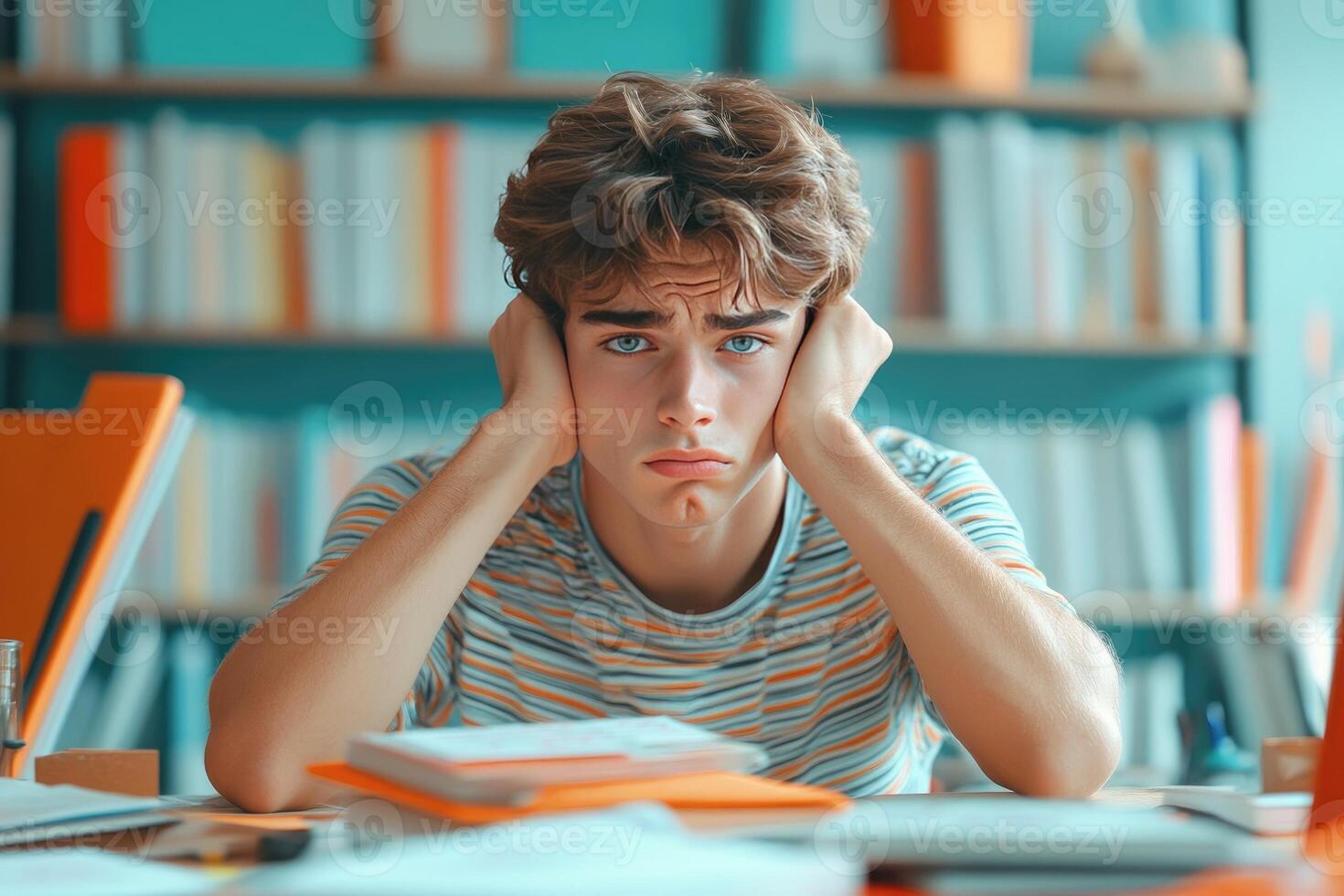 Young Man Resting Head On Hands While Studying In Library photo