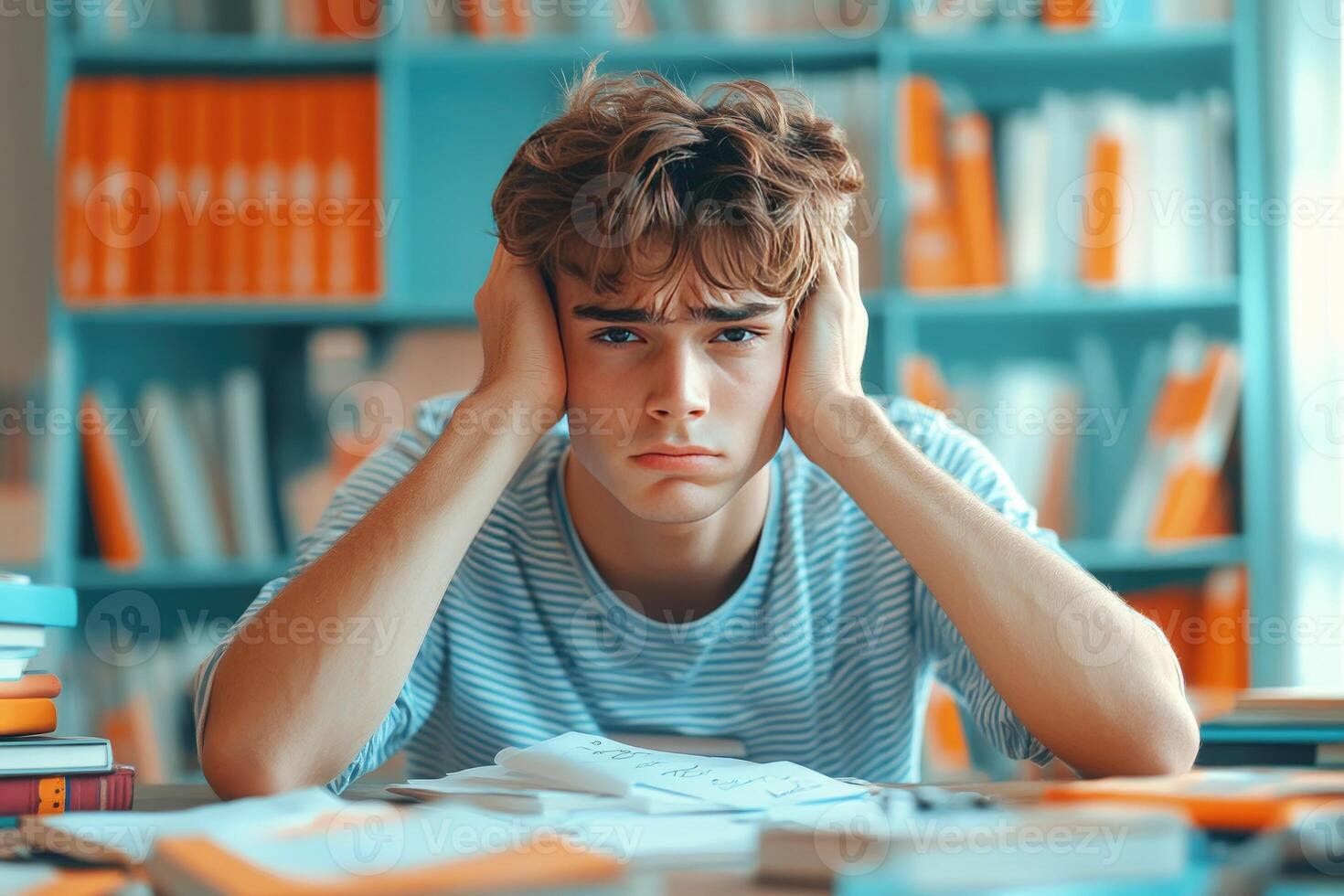 A Tired Student Overwhelmed with Schoolwork in a Library photo