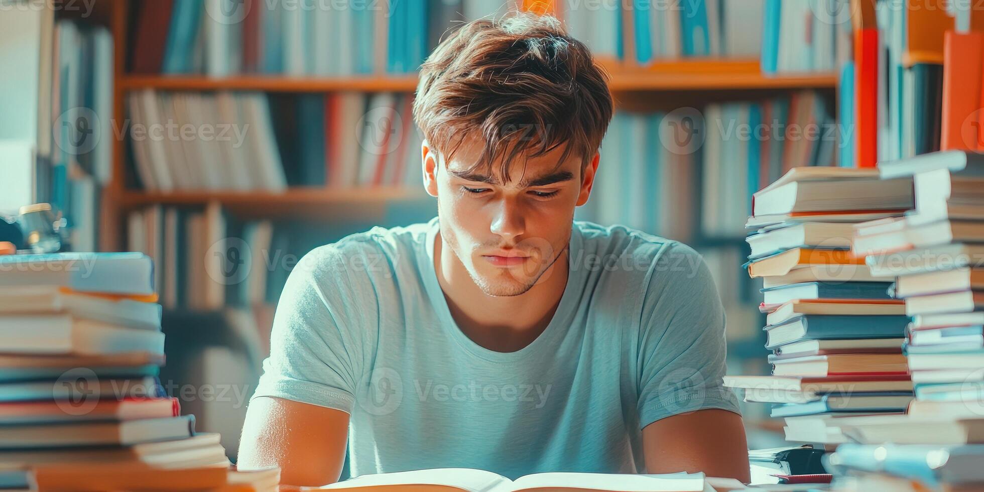 Young Man Studying in a Library Surrounded by Books photo