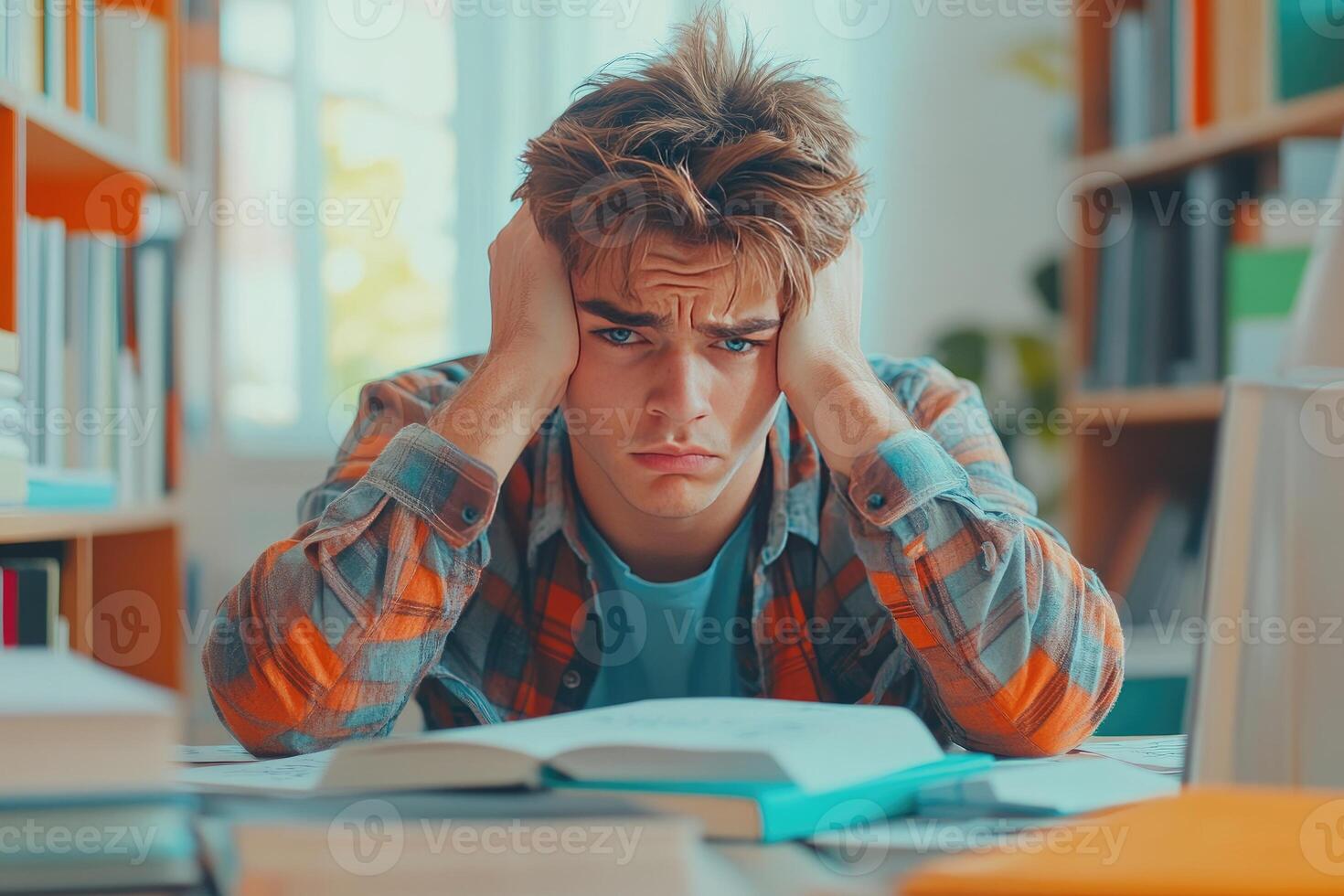 Frustrated Teenage Boy Studying in Library with Books photo