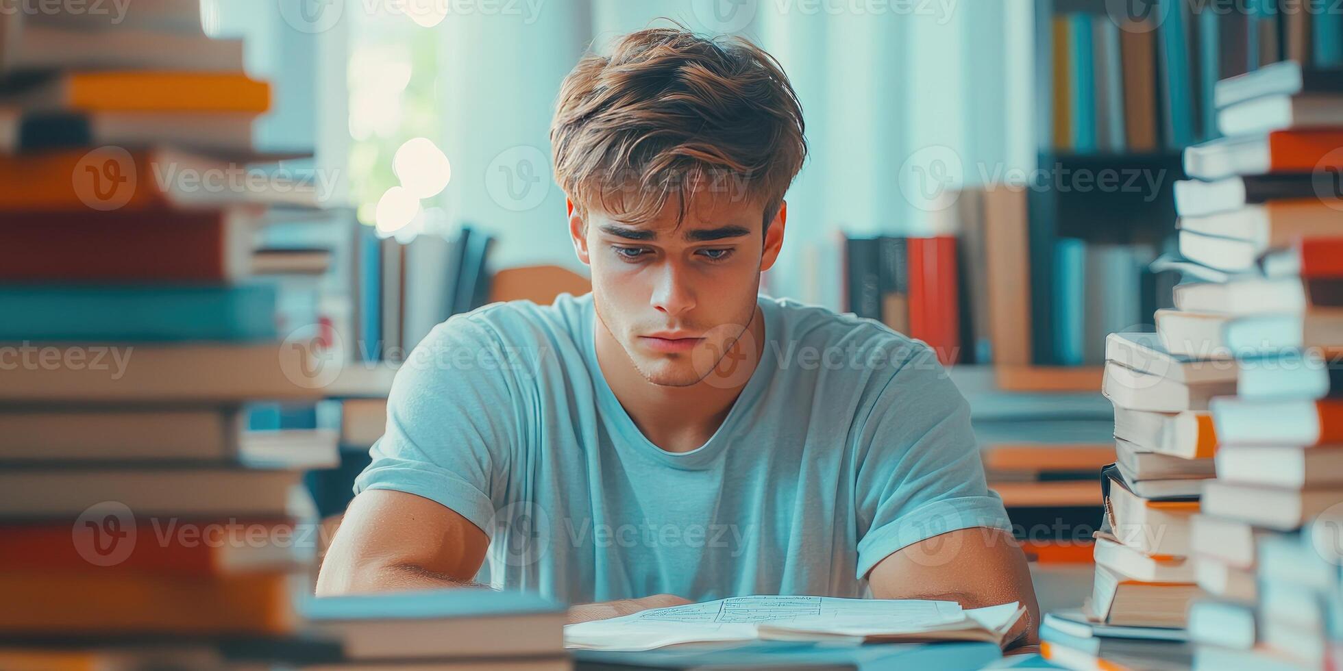 Young Man Studying Surrounded by Stacked Books photo