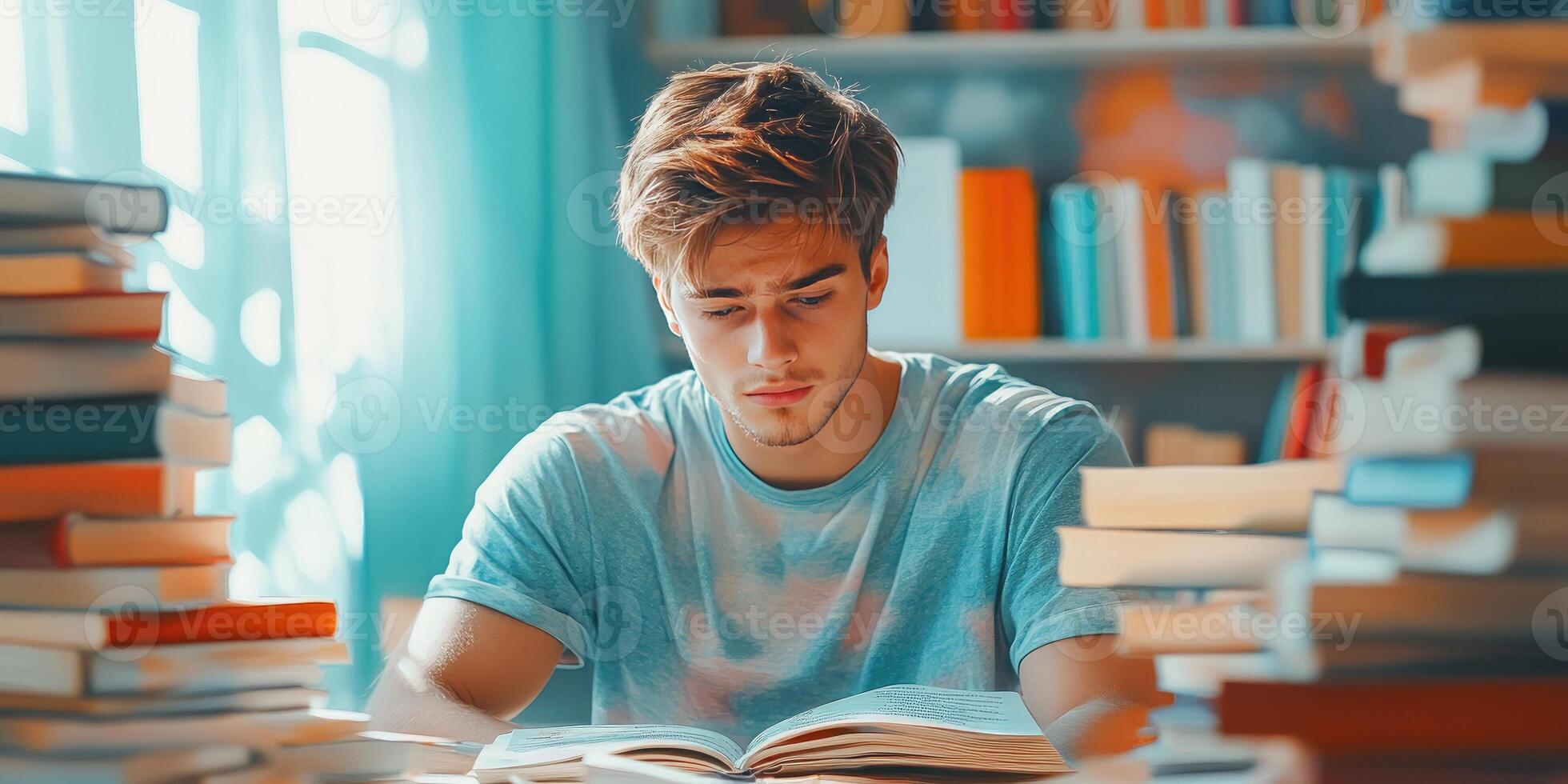 Young Man Focused on Studying with a Pile of Books photo