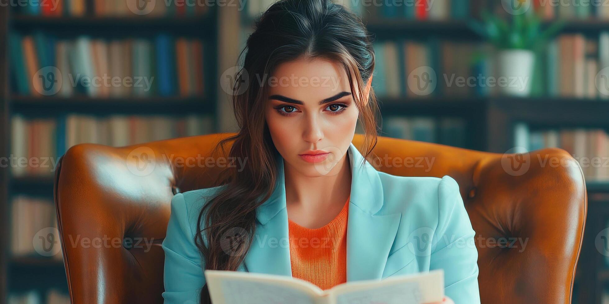 Young Woman Reading a Book in a Leather Chair photo