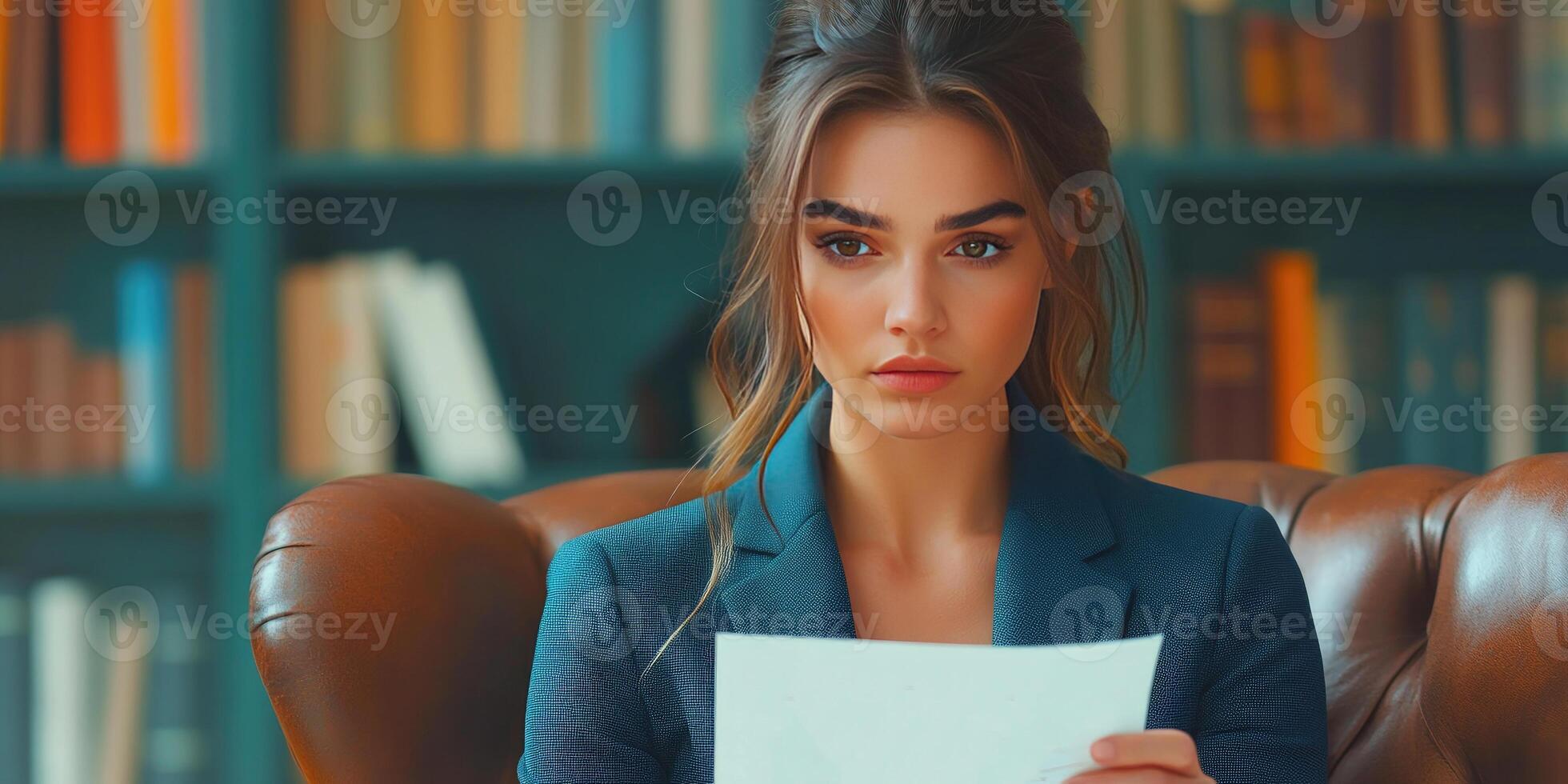 Woman in a Blue Blazer Holding a White Paper photo