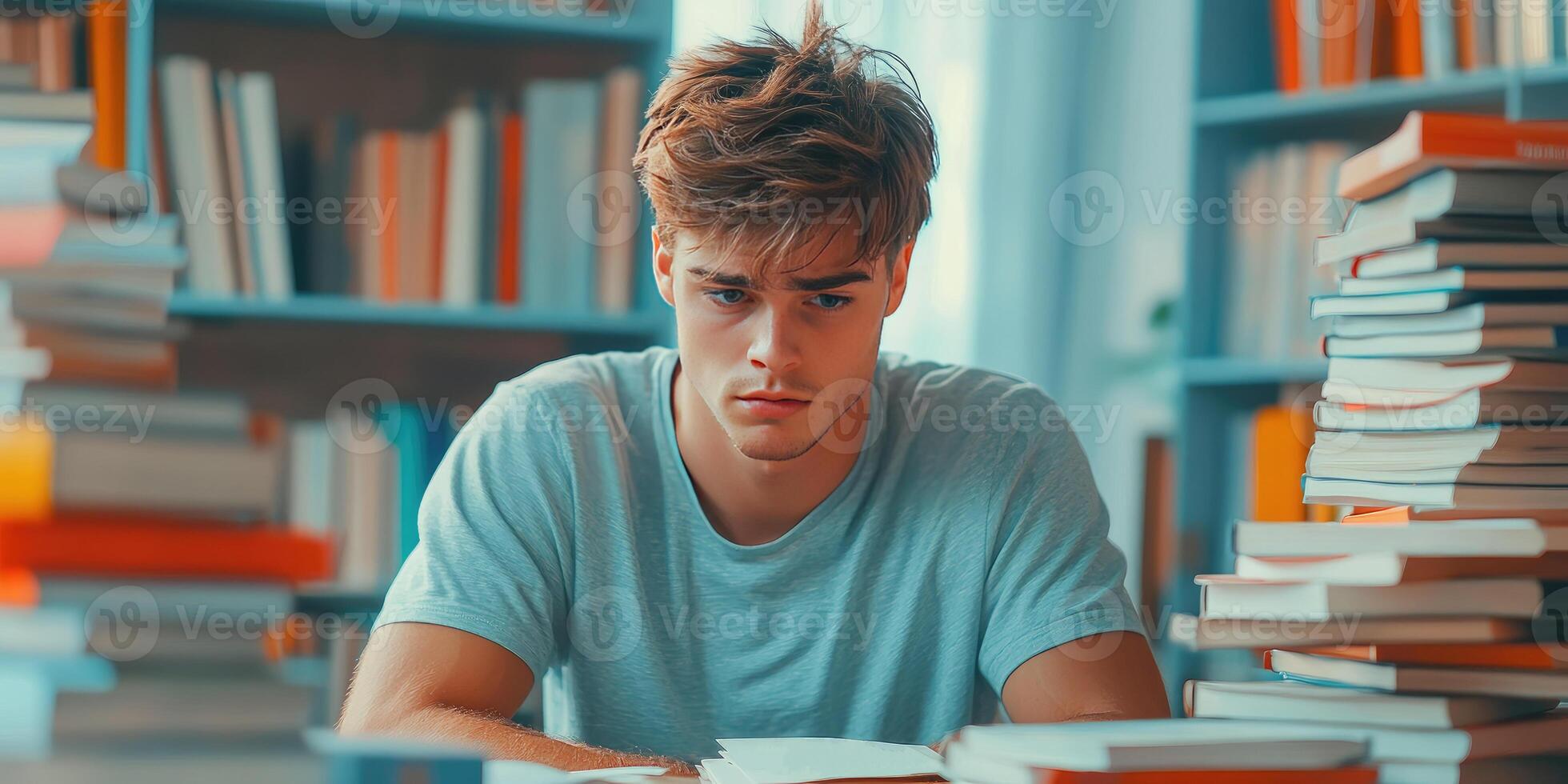 A Young Man Studies Surrounded by Books in a Library photo