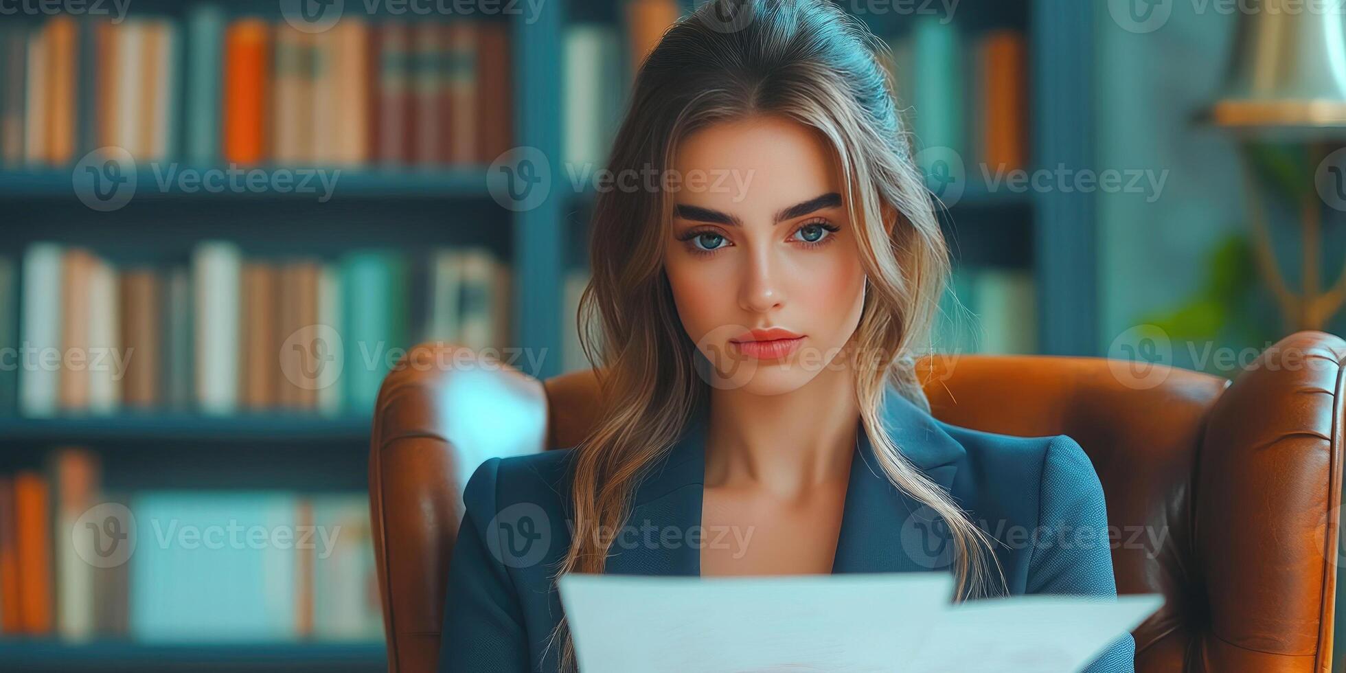 Woman in Blue Blazer Reading a Document in a Leather Chair photo