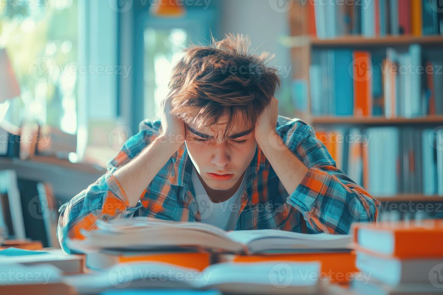 Overwhelmed Student Studying in Library with Books photo