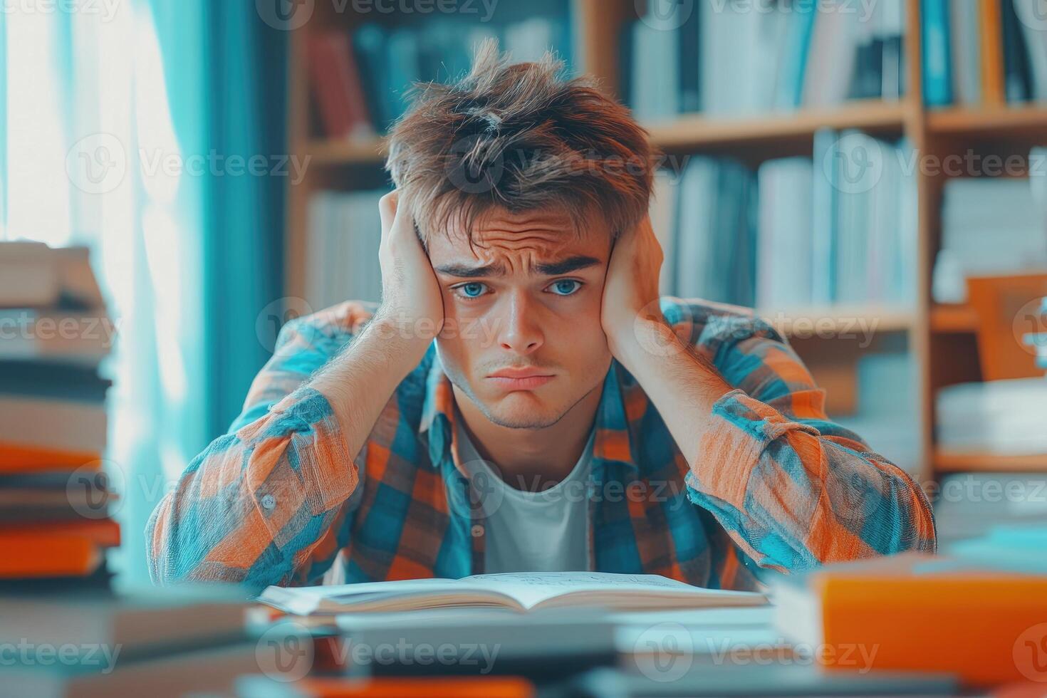 Tired Student Covering Ears While Studying photo