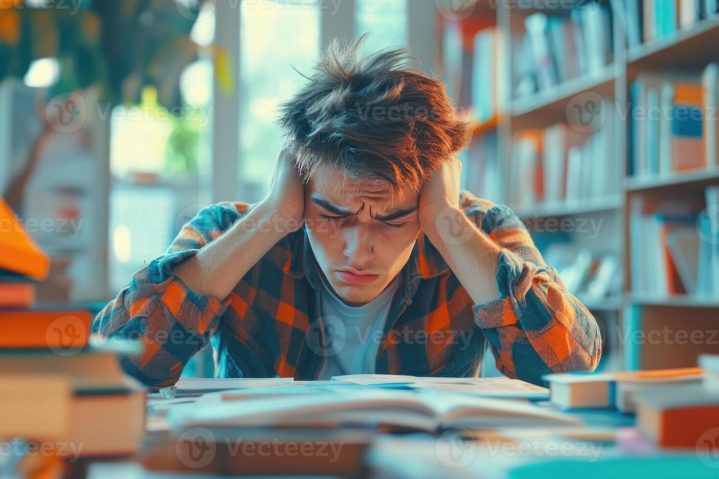 Young Man Stressed Over Studies in Library photo