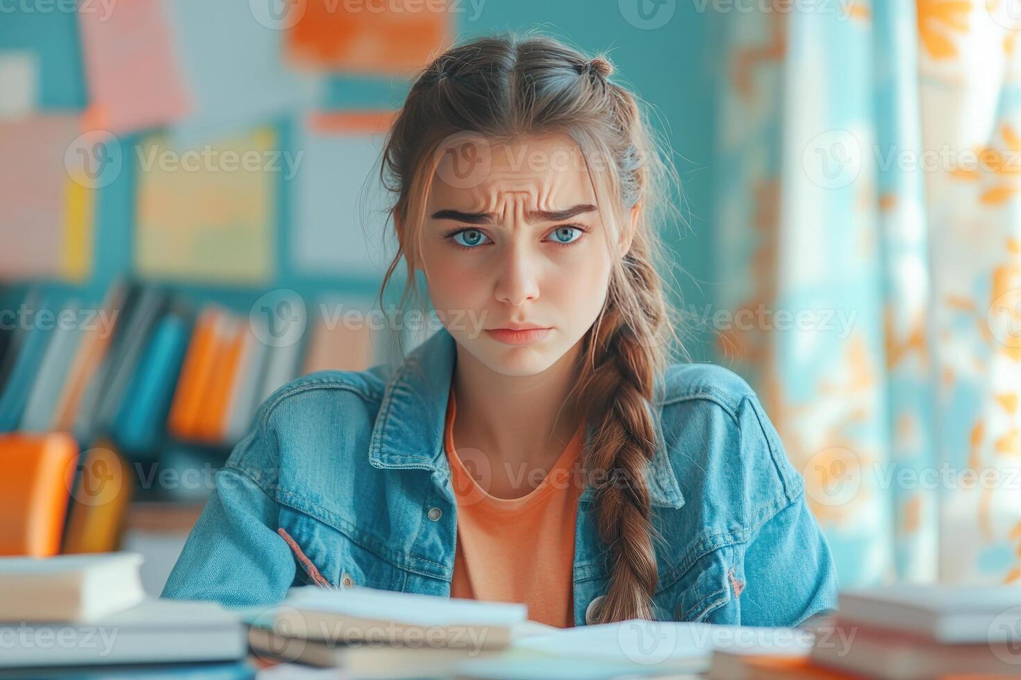 A young woman with a serious expression looks at the camera while sitting at a desk with books in front of her. photo