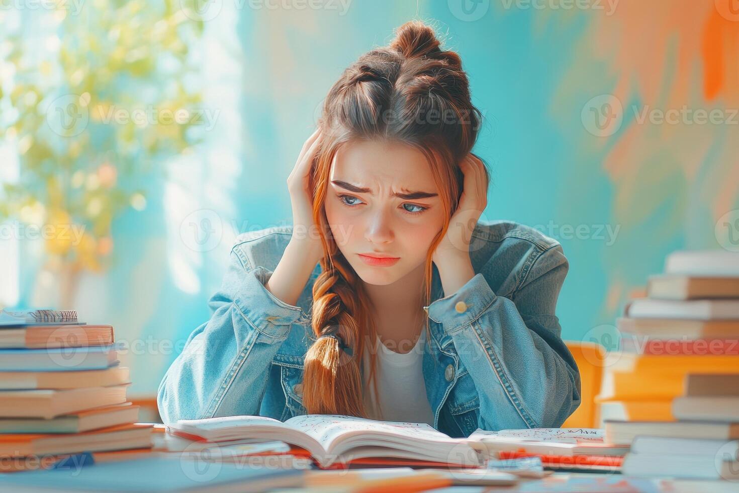 Young Woman Feeling Overwhelmed by Books and Study photo