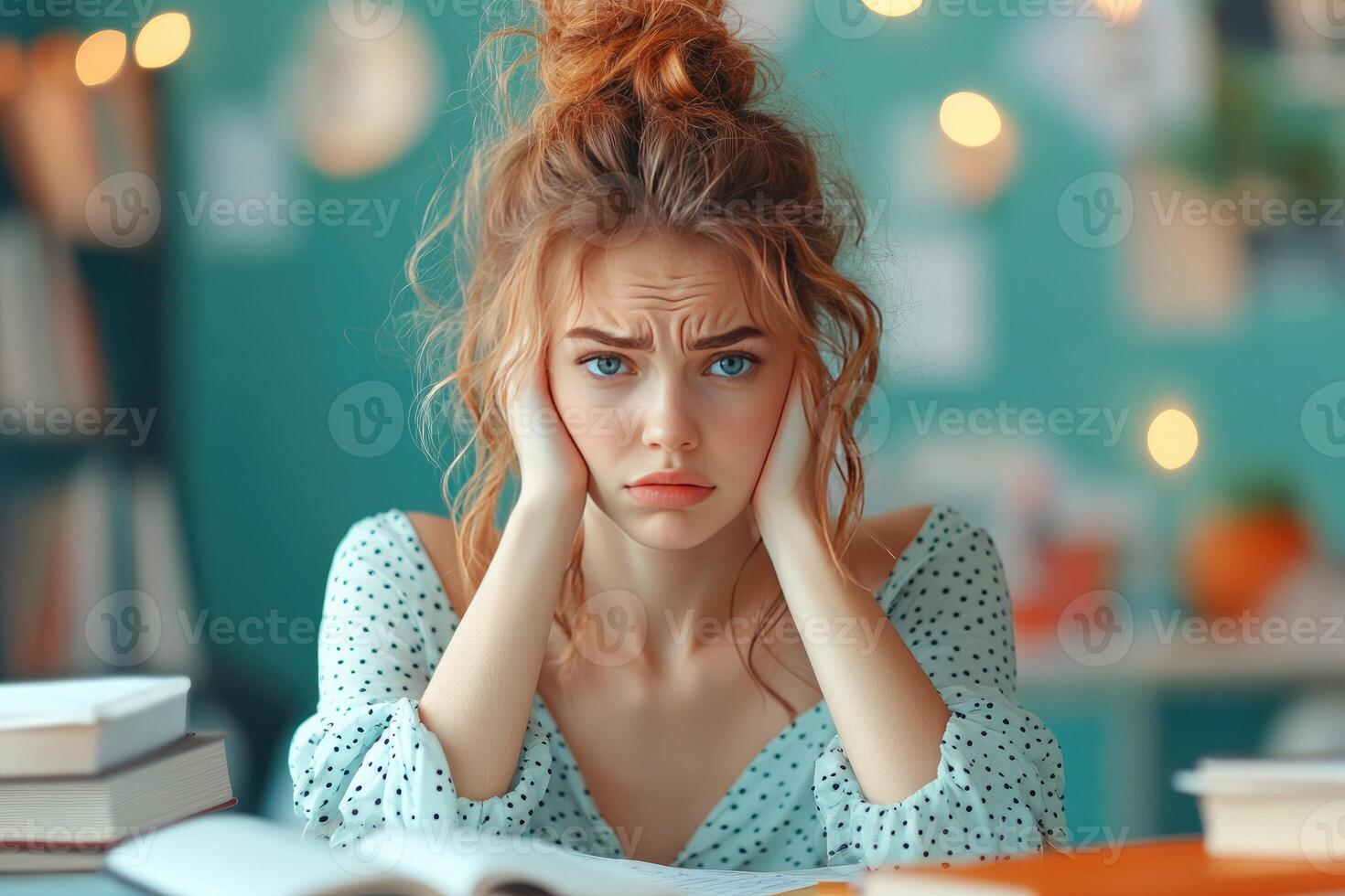 A Young Woman with a Worried Expression Sits at a Desk with Books photo