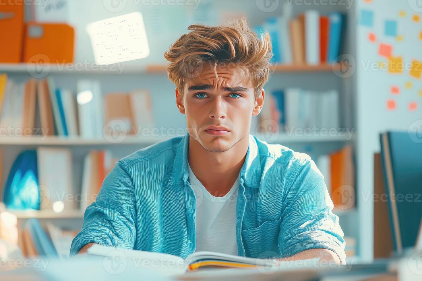 Young Man Studying with Serious Expression in a Library Setting photo