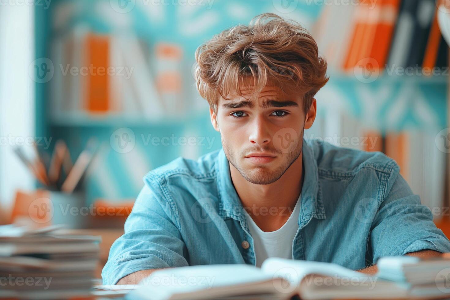 Young Man Studying with a Serious Expression in a Library photo