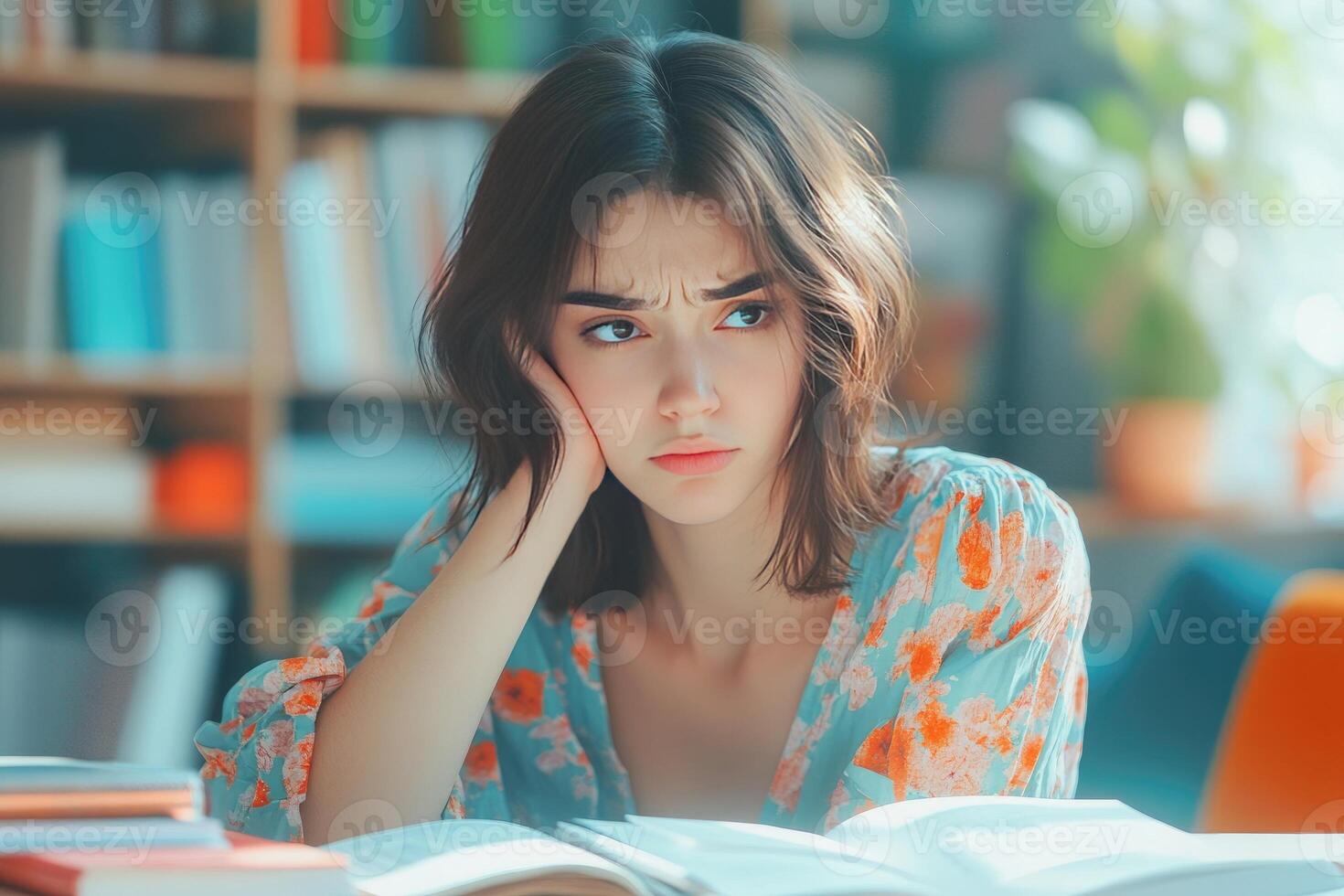 Thoughtful Young Woman with Open Book in Library Setting photo