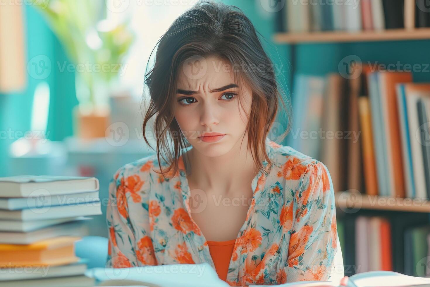 Young Woman in a Floral Blouse Reading a Book photo