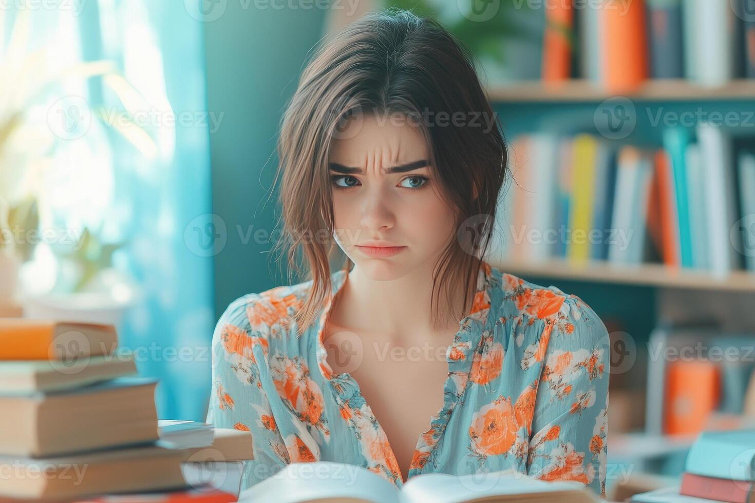 Young Woman With Frowning Expression Studying With Books photo