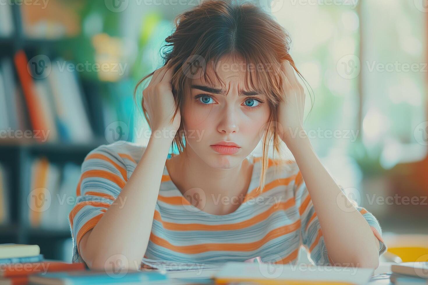 Stressed Young Woman with Brown Hair and Blue Eyes photo