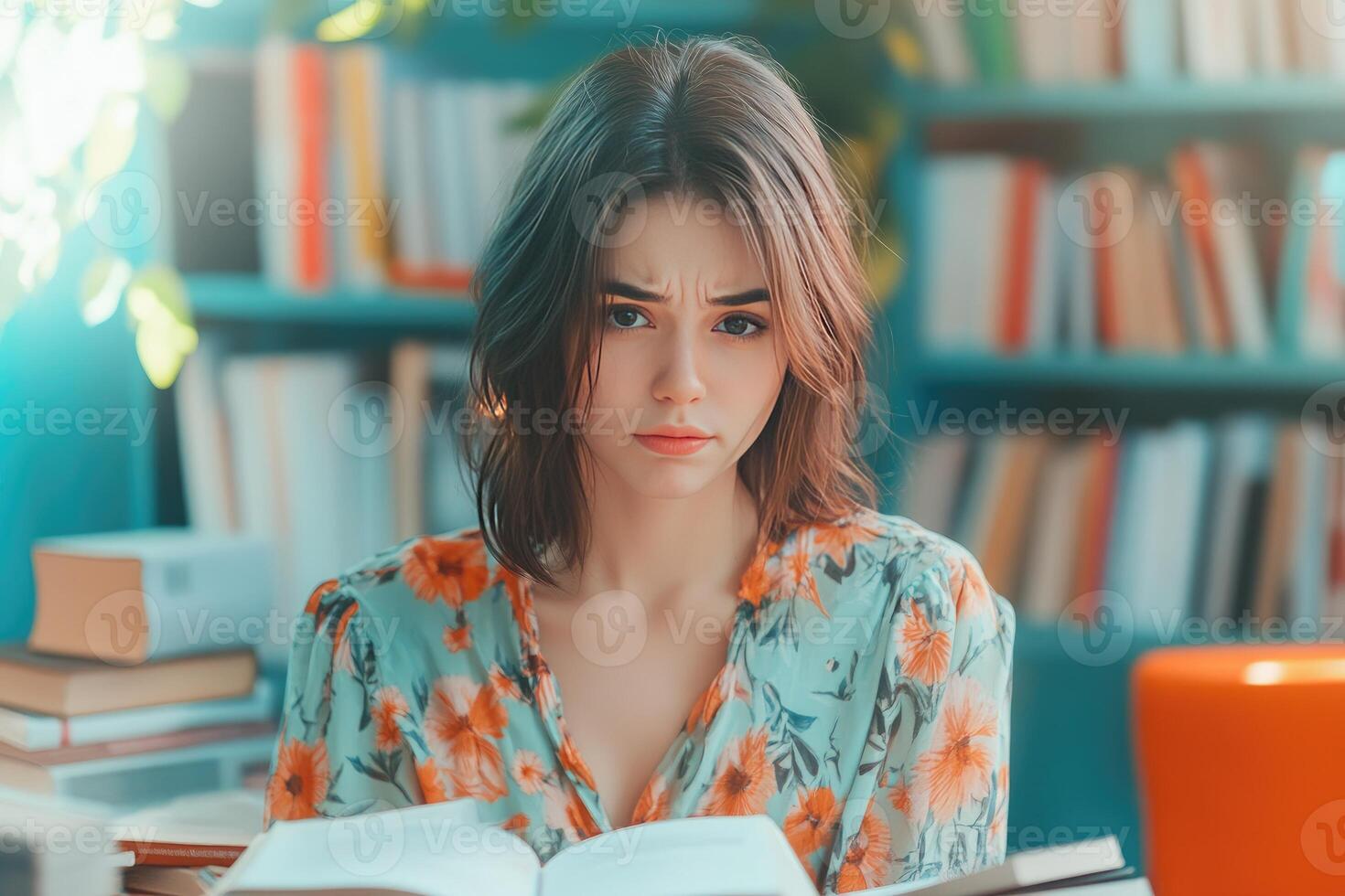 Young Woman in Floral Dress Reads a Book with a Thoughtful Expression photo