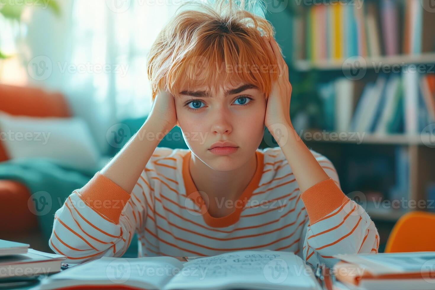Young Woman with Short Blonde Hair Sitting at Desk with Books, Looking Upset photo