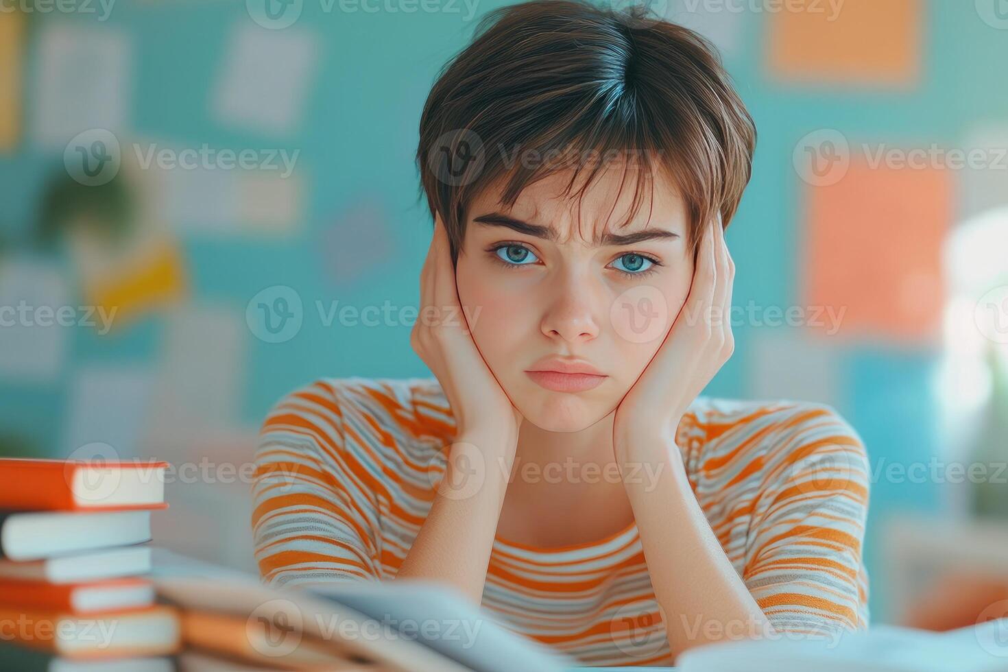 A Young Woman with Short Brown Hair Resting Her Head on Her Hands photo