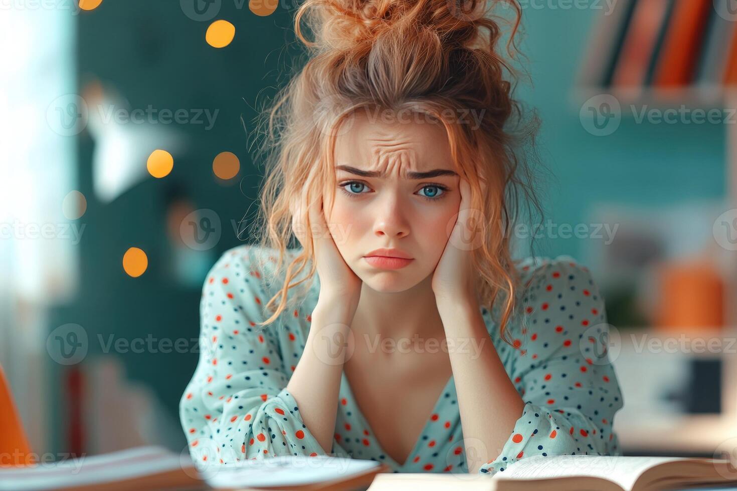 A woman with red hair sits with her head in her hands, looking stressed and worried. photo