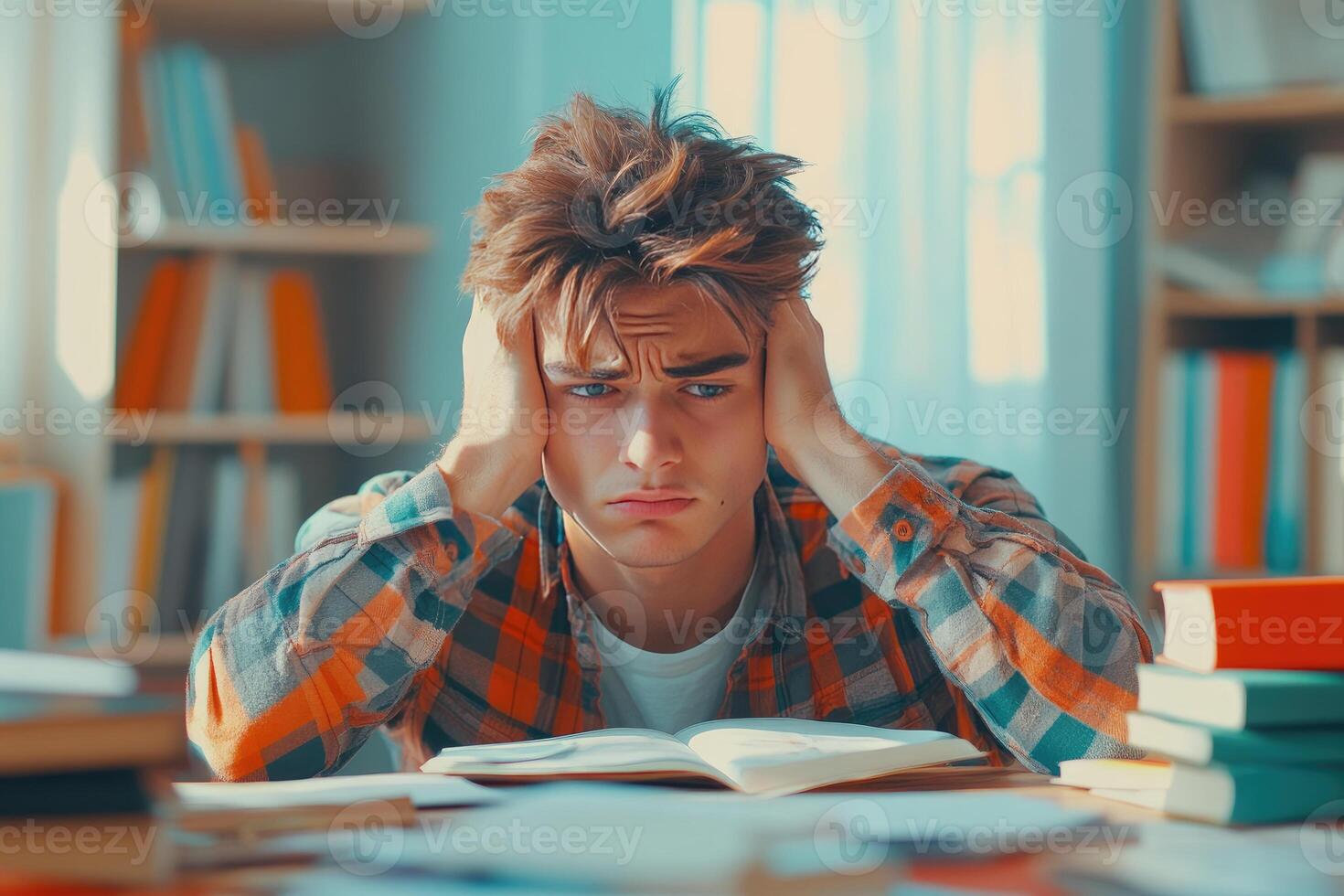 Frustrated Young Man Studying at a Desk Surrounded by Books photo