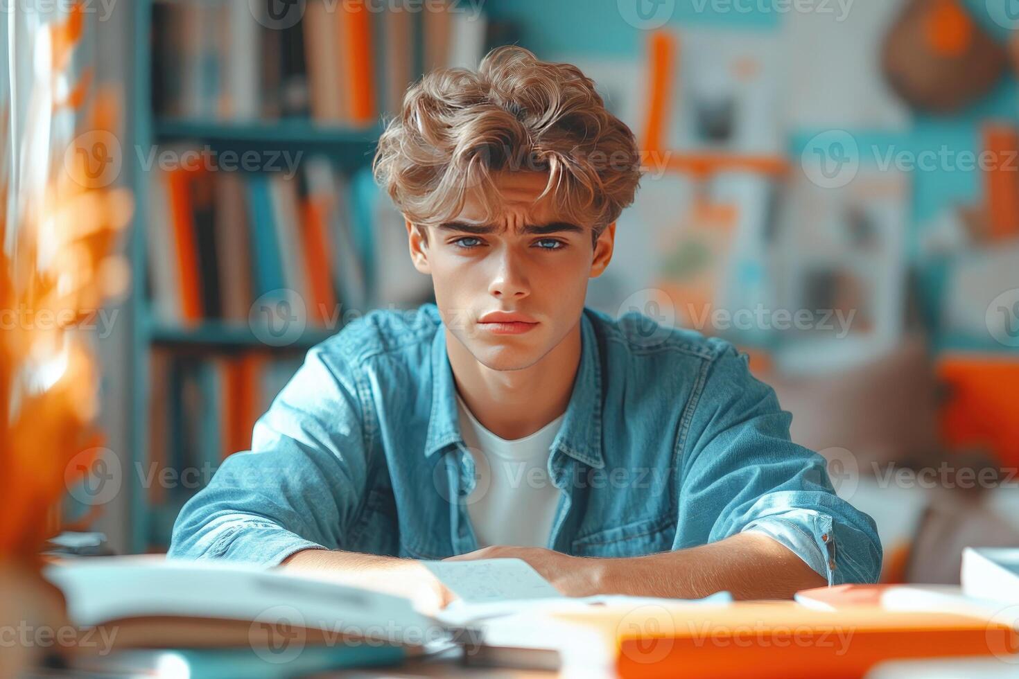 Young Man Studying with Serious Expression at Desk with Books photo