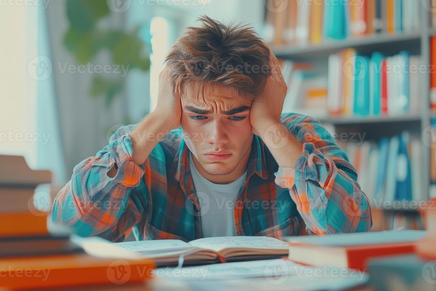 Frustrated Young Man Studying in Library with Books photo