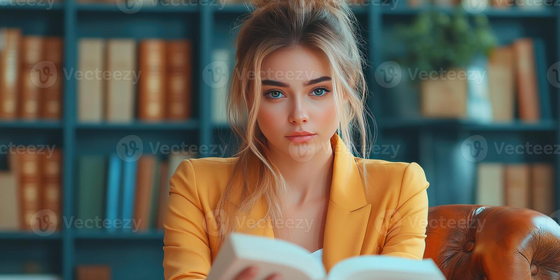 Blonde Woman in Yellow Blazer Reading a Book in a Library photo