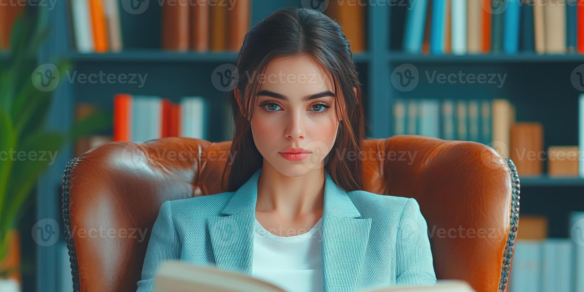 A Young Woman in a Blue Blazer Sitting in a Leather Chair and Reading a Book photo