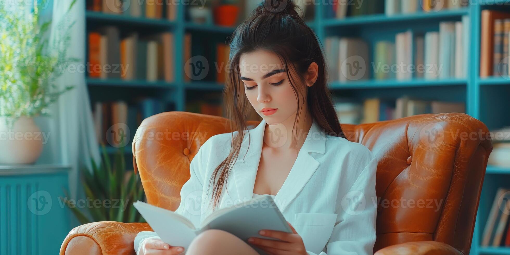 Young Woman Reading a Book in a Leather Chair photo