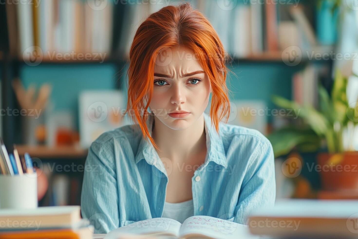 Young Woman with Red Hair Studying at a Desk photo