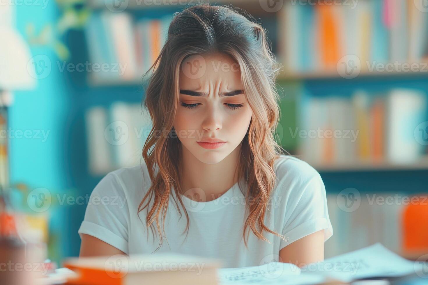Young Woman with Long Brown Hair Studying in a Library photo