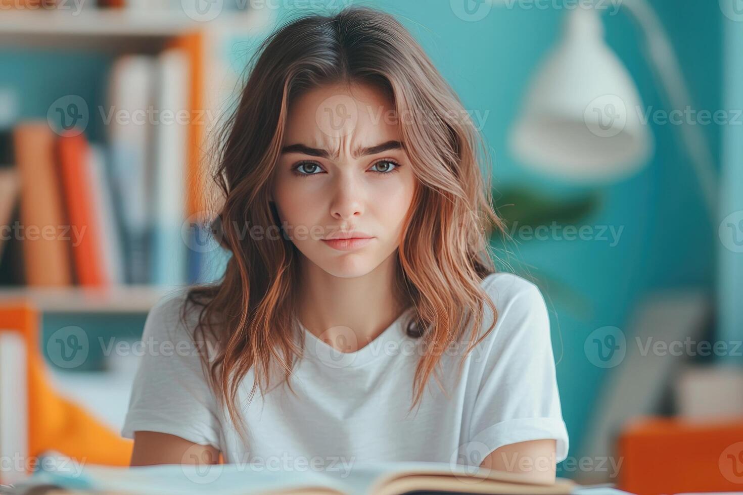 A young woman with a furrowed brow, looking intently at something photo
