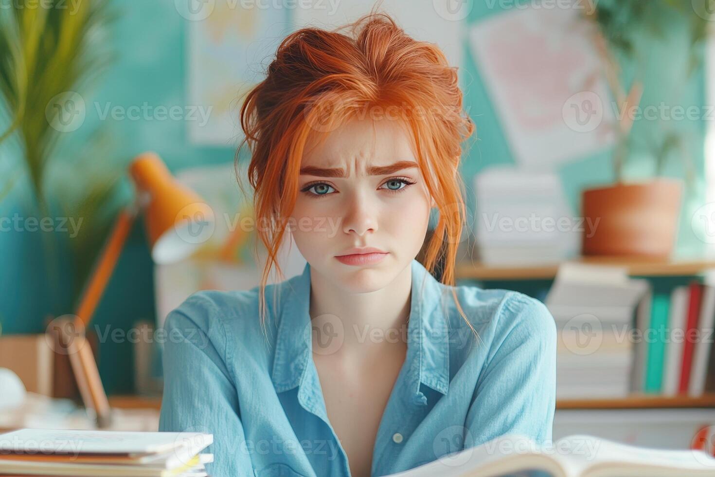 A Young Woman with Red Hair Looks Pensively at the Camera photo