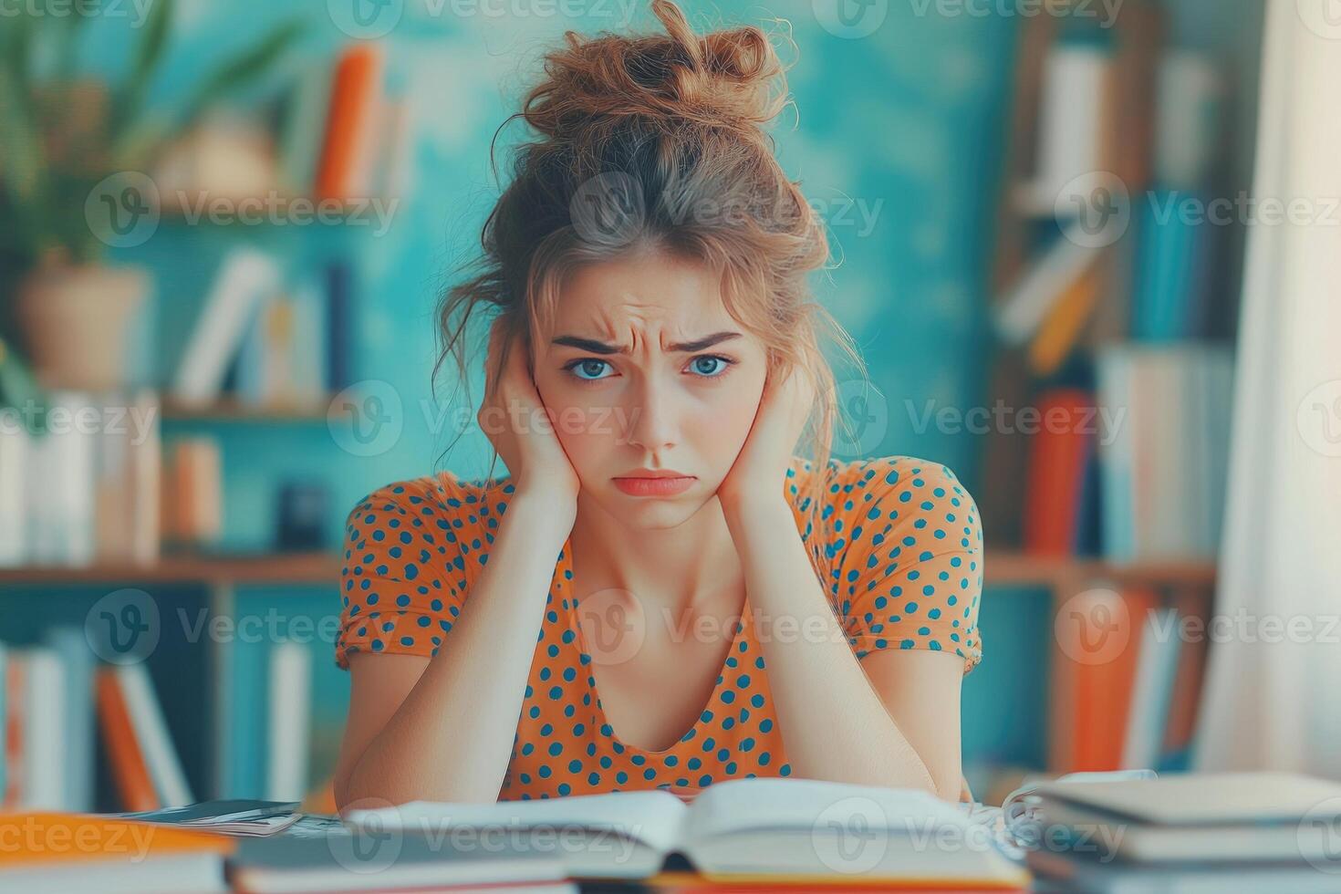 Young woman in a polka dot dress with her hands over her ears, looking distressed over a stack of books. photo