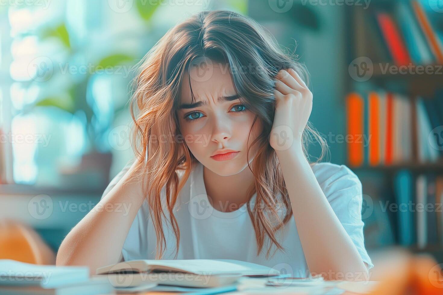 A Young Woman Resting Her Head On Her Hand While Studying photo