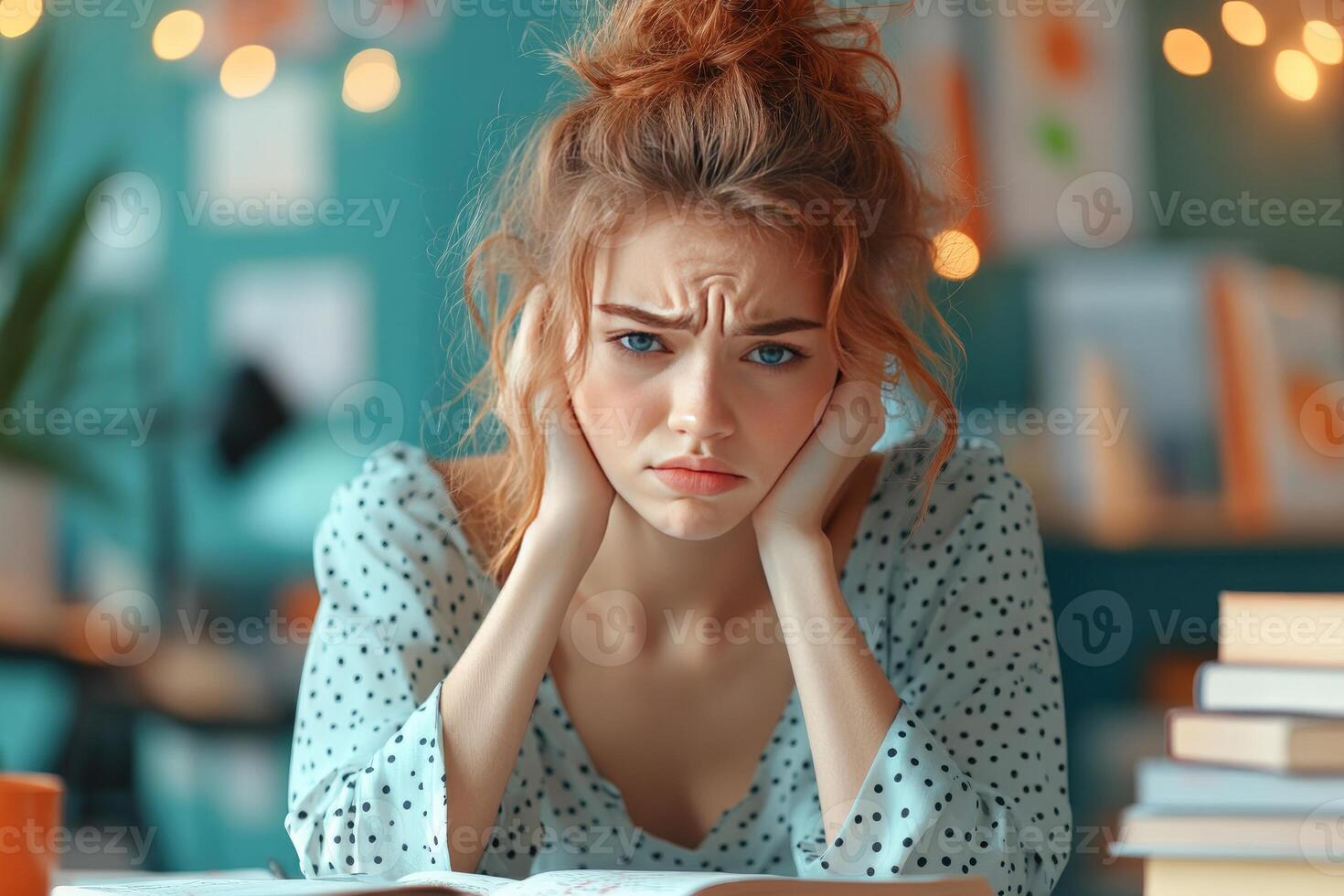 A Young Woman with Red Hair Looks Disappointed While Sitting at a Desk photo