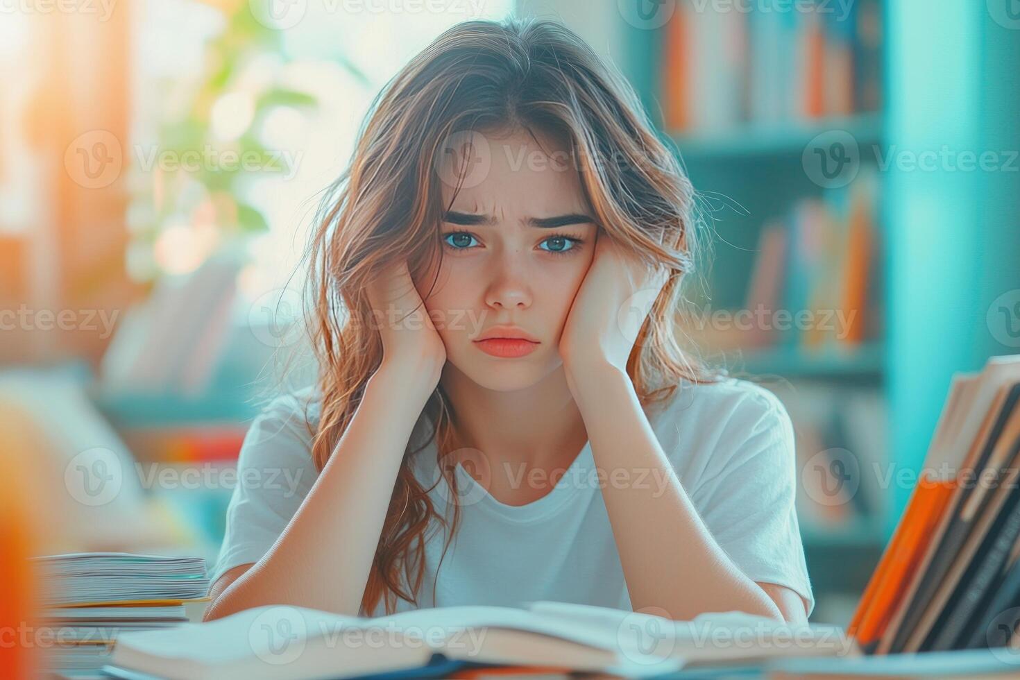 Exhausted Young Woman Leaning on Hands with Books photo
