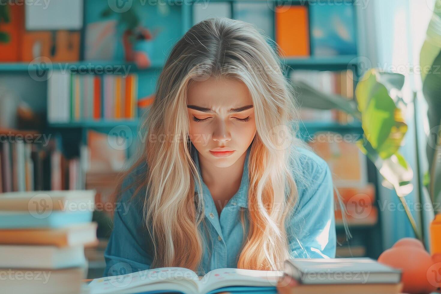 Young Woman Concentrating on Reading a Book photo