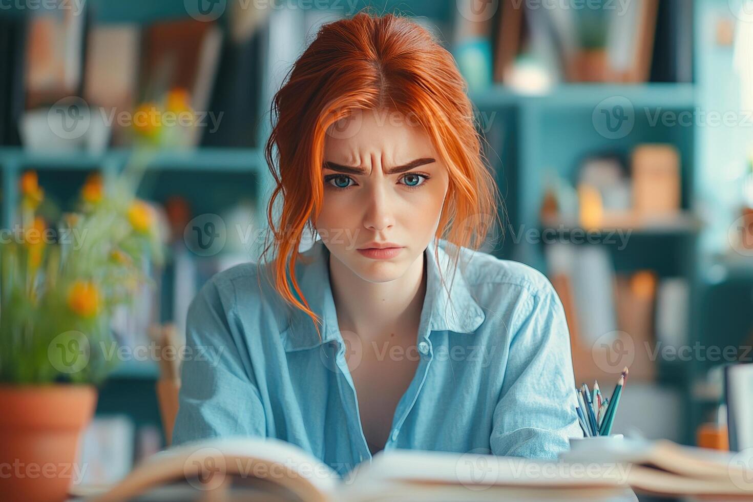 Young woman with red hair looking at an open book with a serious expression photo