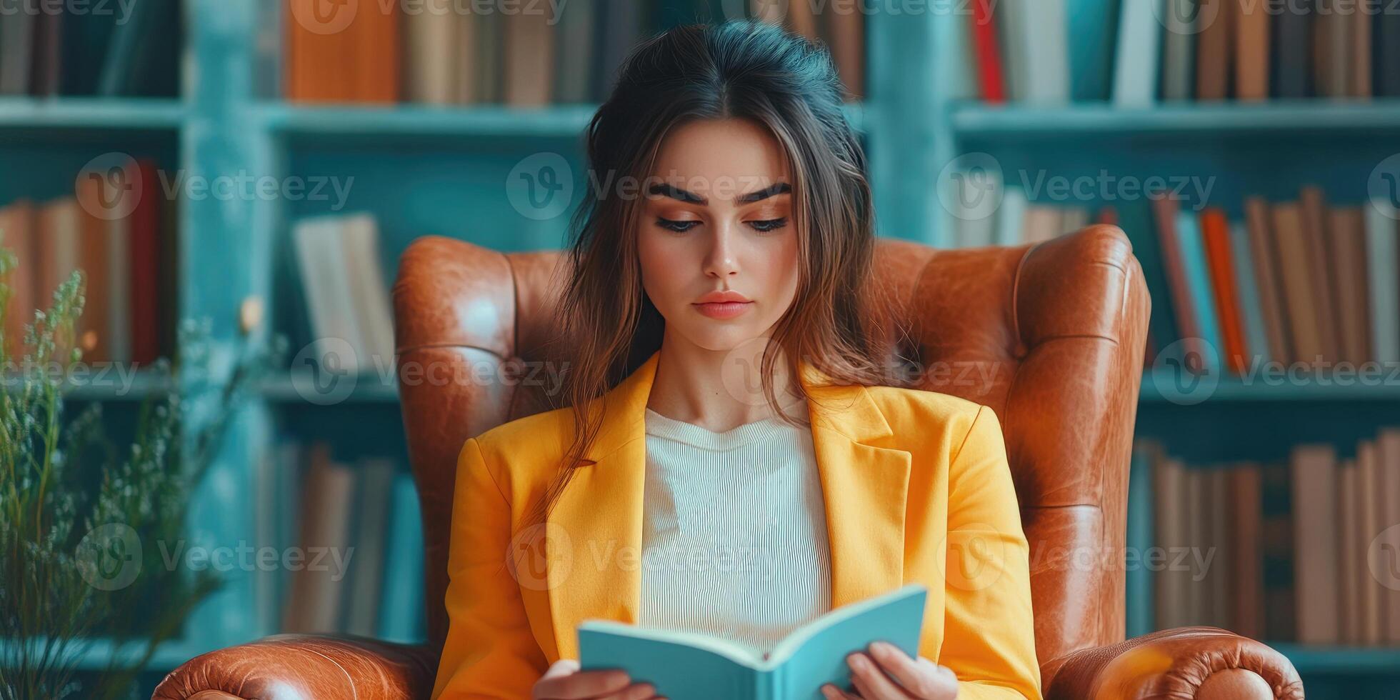 A Woman Dressed in Yellow Reading a Book in a Leather Chair photo