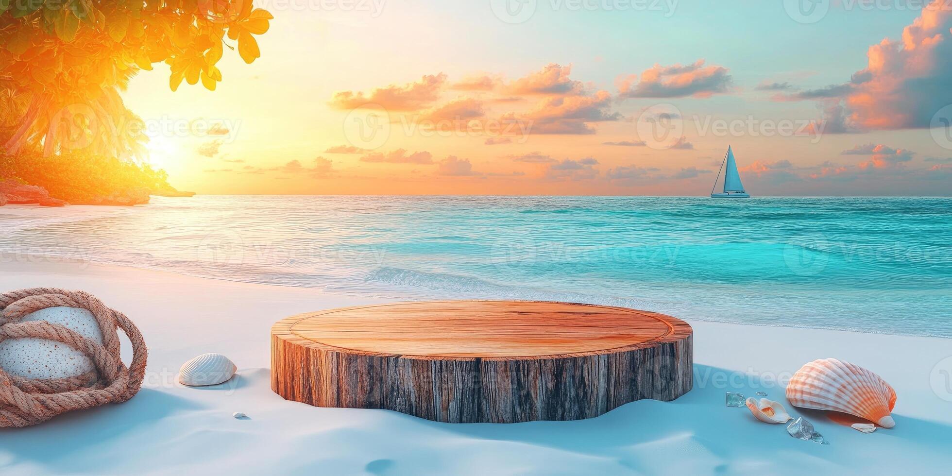 Wooden Platform on a Tropical Beach at Sunset photo