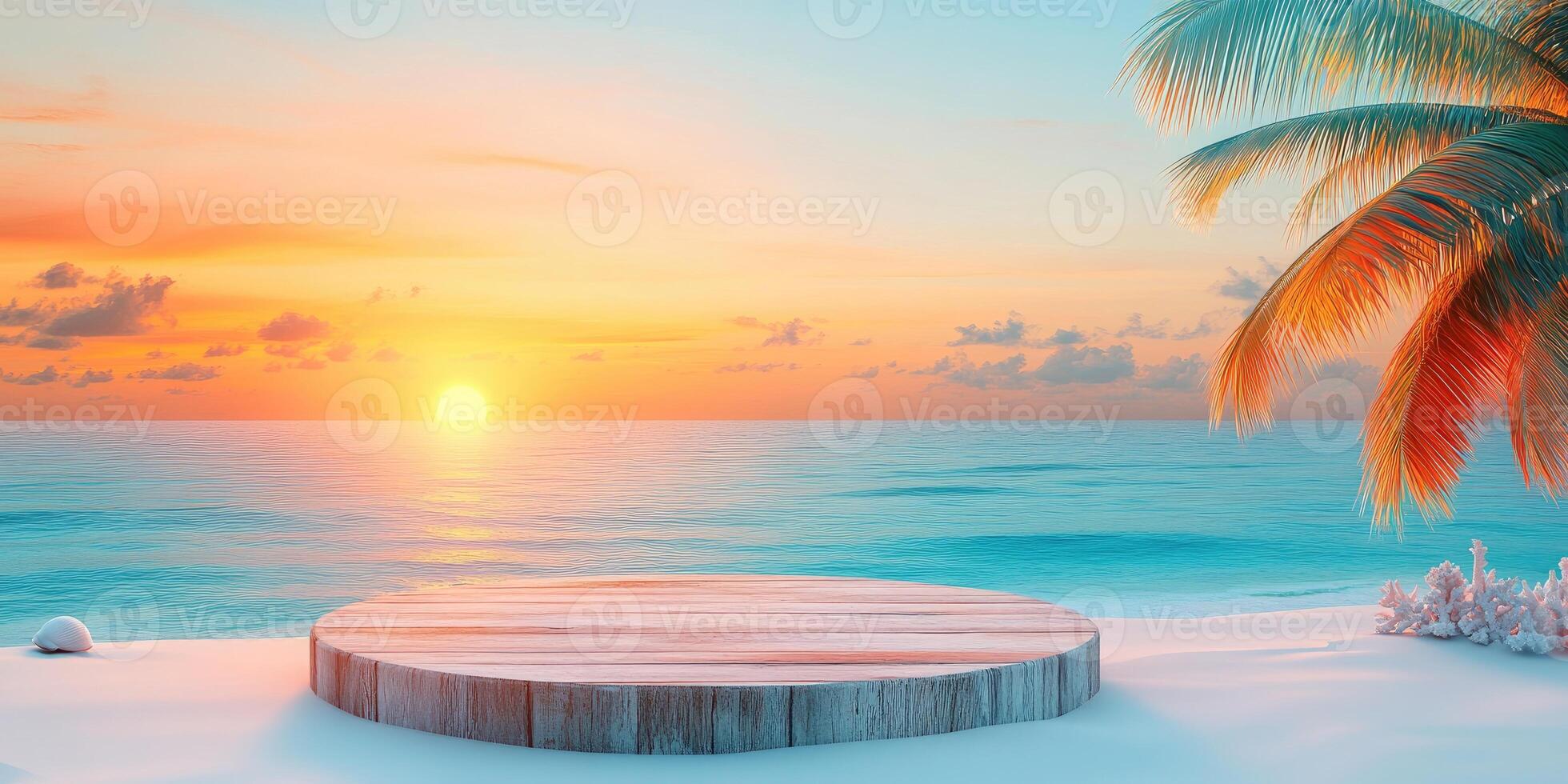 Wooden Platform on Sandy Beach with Sunset and Palm Tree photo