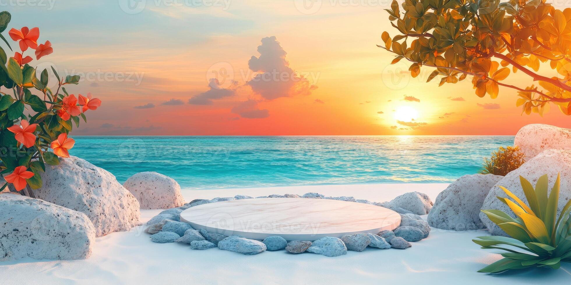 Tropical Sunset Beach with Circular Platform and Rocks photo