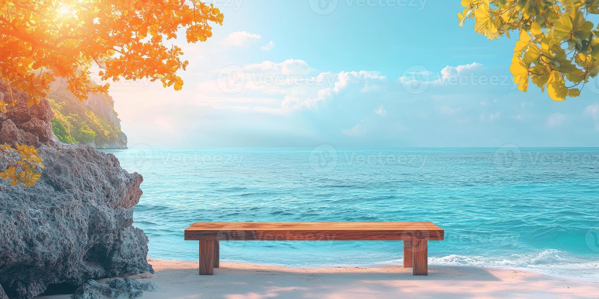 Wooden Bench on a Sandy Beach With Clear Blue Ocean and a Rocky Cliff in the Background photo